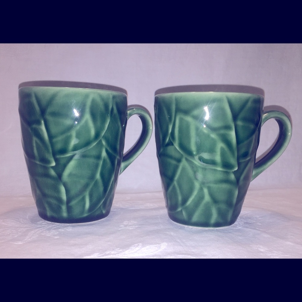 4 - PIER 1  RETIRED “JADE LEAVES” GREEN MUGS EUC